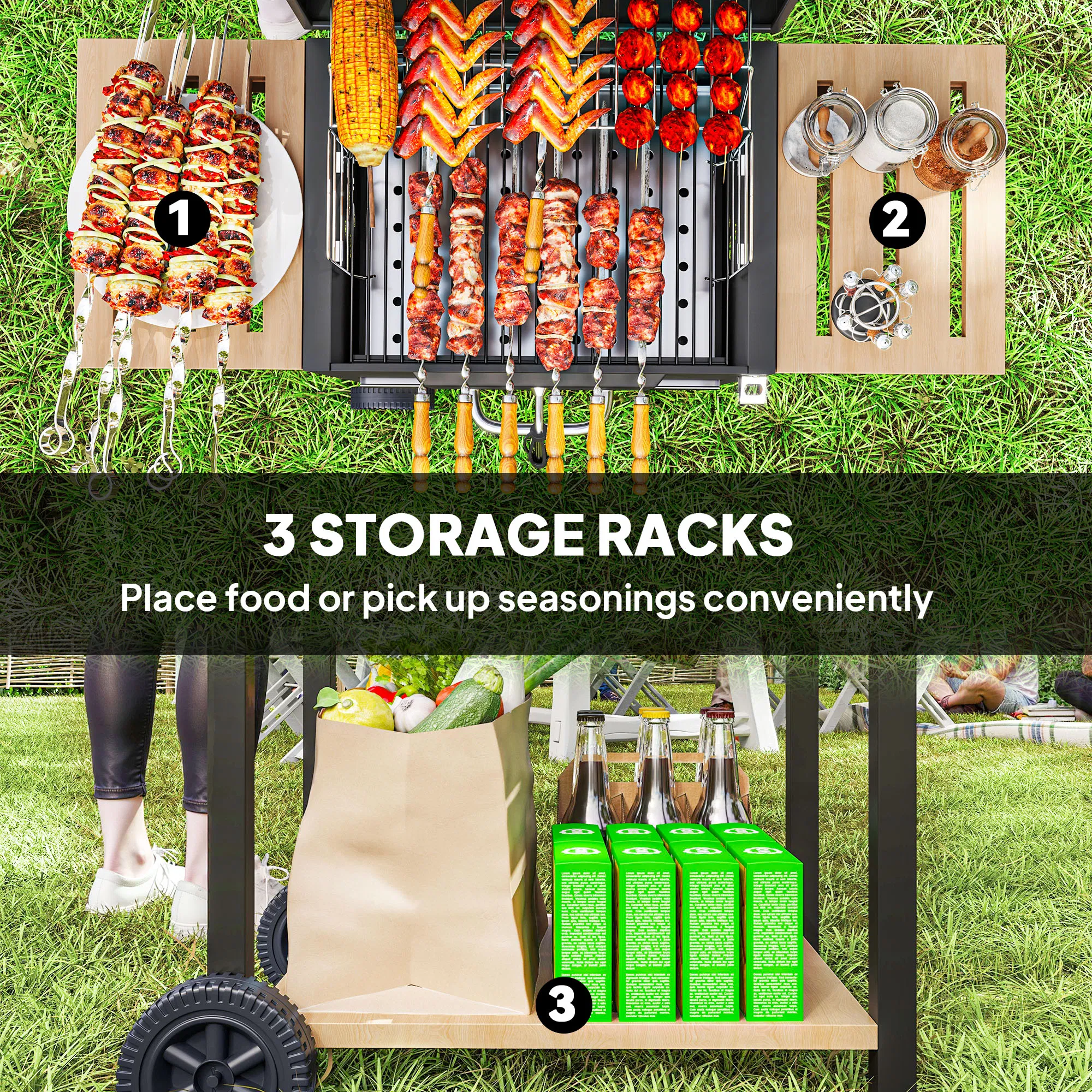 Charcoal BBQ Grill 245 Sq.In. Cooking Area, Outdoor Barbecue Grill with Adjustable Charcoal Pan, 3 Shelves, Thermometer & Wheels, Black for Patio Backyard Picnic