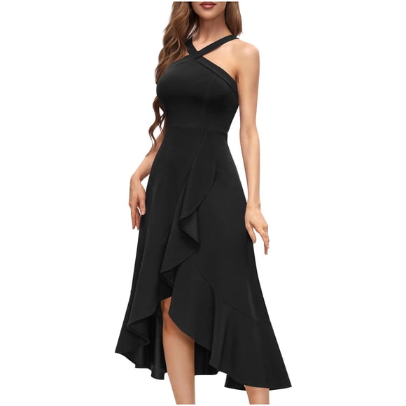 Womens Cocktail Formal Dresses Summer Ruffle Hem Wedding Guest Evening Gowns Cross Halter High Low Party Dress Black, L