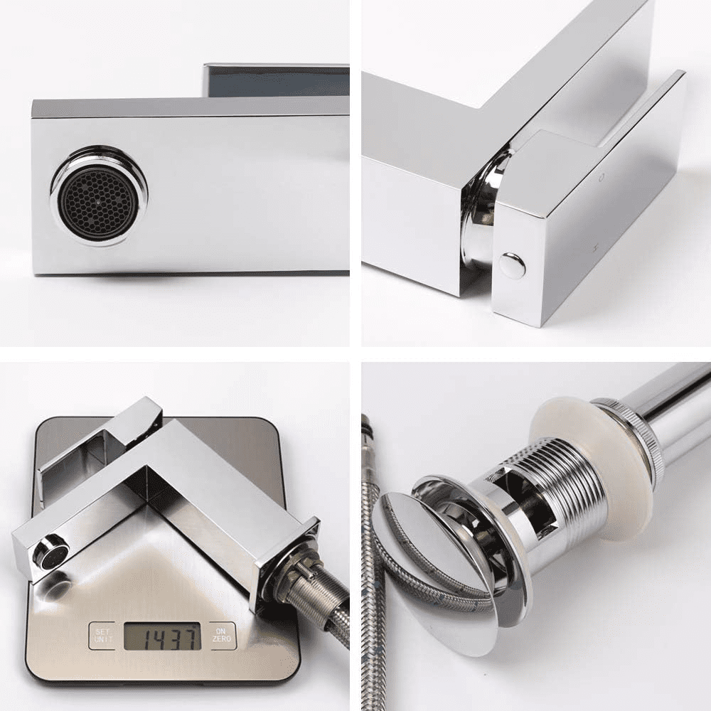 Modern Bathroom Faucet, Single Hole Chrome Bathroom Faucet, Solid Brass Chrome Polished Bathroom Sink Faucet, Single Handle Square Bathroom Faucet with Pop-up Drain