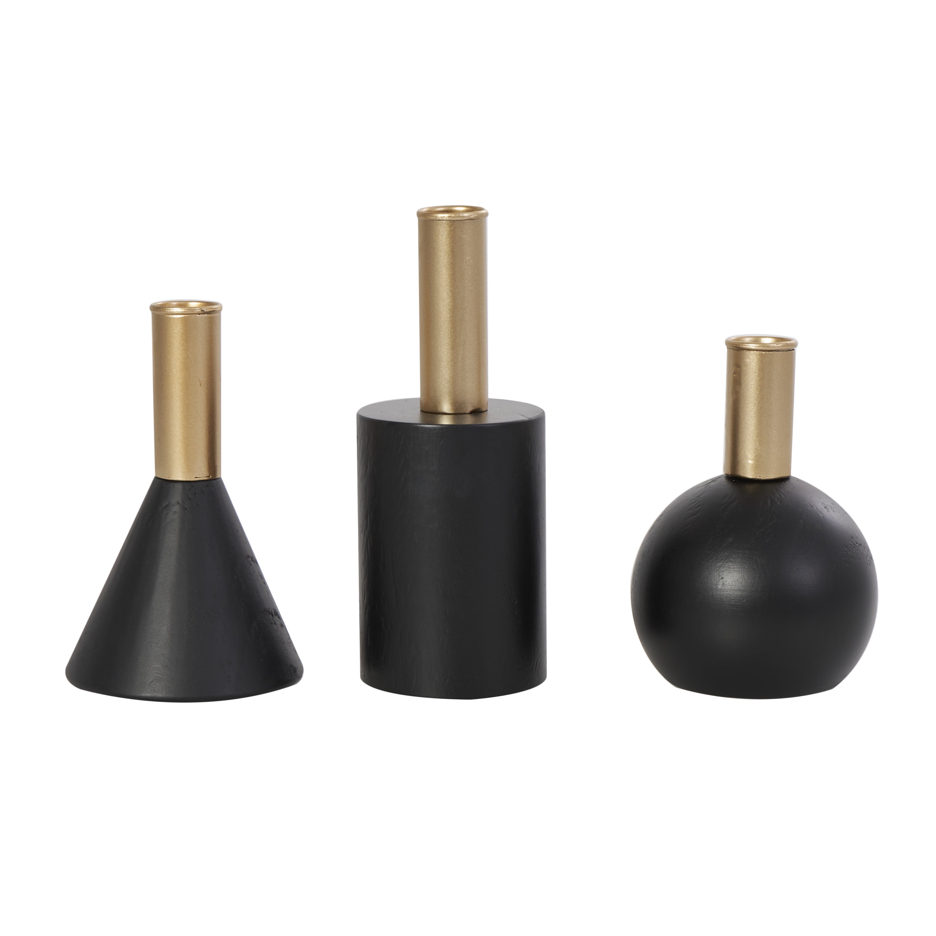 DecMode 3 Candle Black Wood Geometric Candle Holder with Varying Shapes and Gold Accents, Set of 3