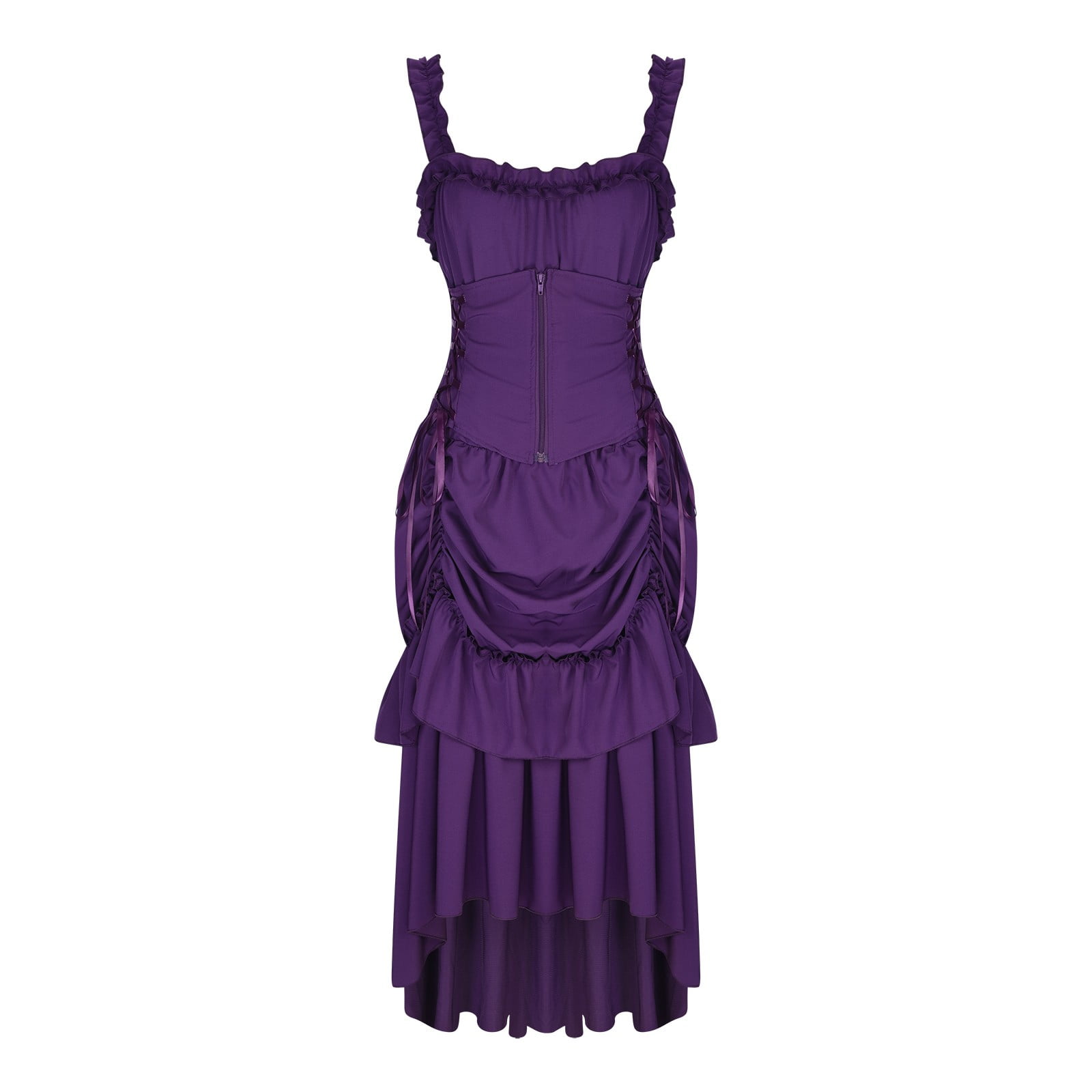 Women Plus Size Gothic Ruffle Tiered Long Dress Sleeveless Vintage Party  Gown Lace-up Suspenders Corset Outfit (Medium, Purple) - Walmart.com