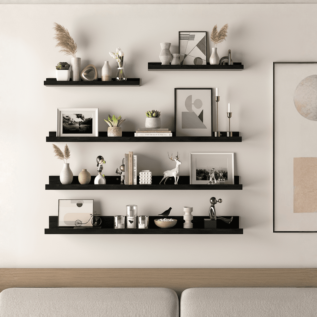 Floating Shelves for Wall Set of 5,Large Wall Shelves for Bathroom, Bedroom, Kitchen, Living Room Storage and Decoration, Black Picture Ledge