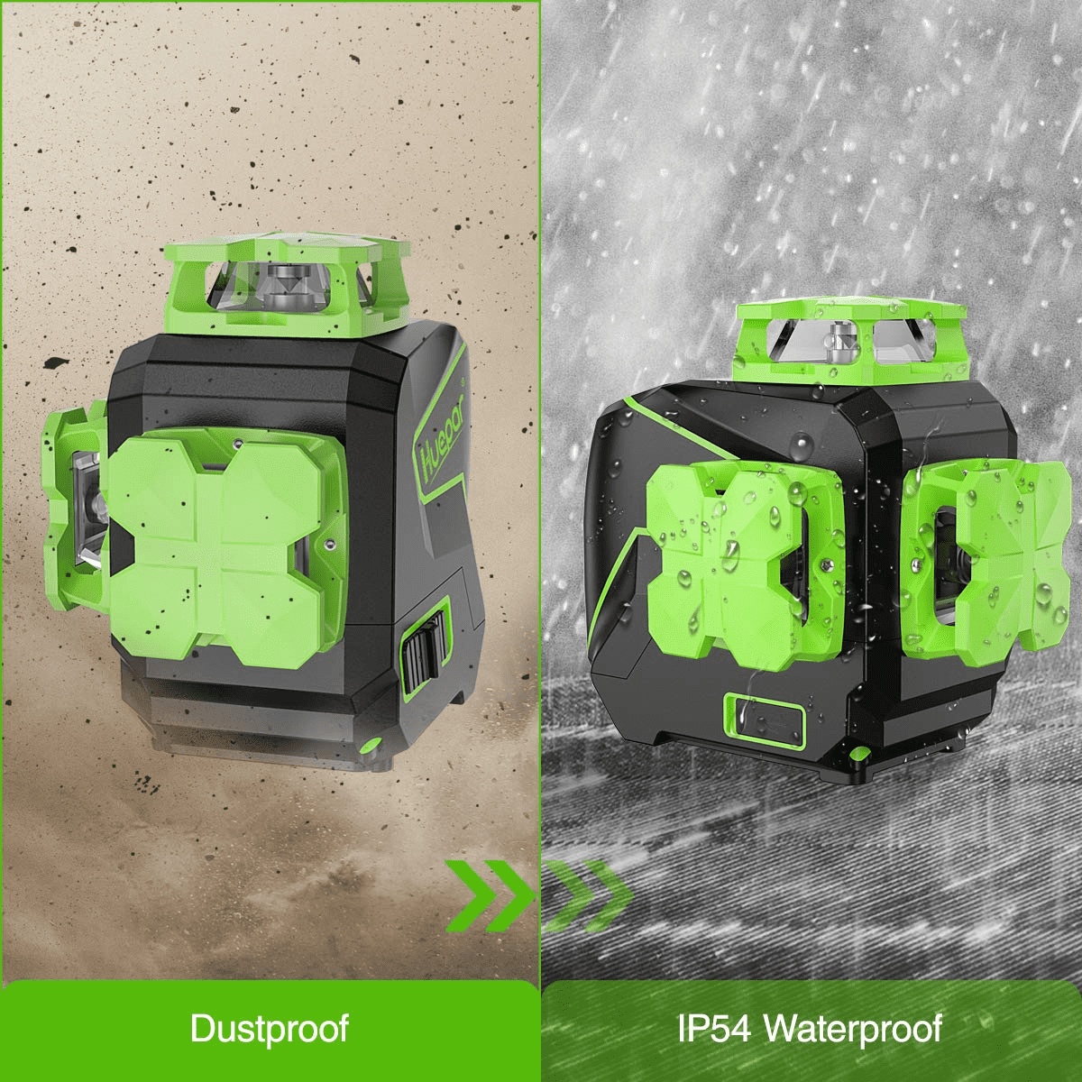 Huepar 3D Cross Line Laser Level 3 x 360 Green Beam Self-leveling Laser Level Tools with Li-ion Battery and Magnetic Pivoting Base