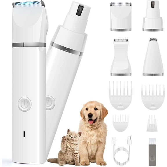 Quiet Dog Grooming Kit with Hair Clipper & Paw Trimmer, Cordless Rechargeable Pet Clippers with Nail Grinder