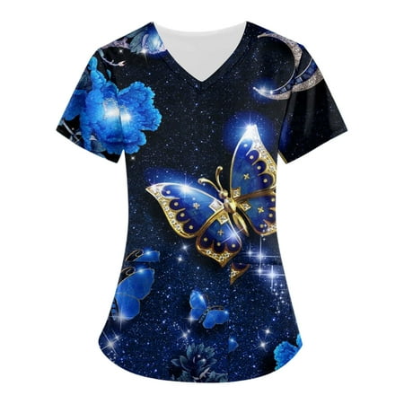 

Sksloeg Scrub Top for Women Summer Starry Sky Printed Top V-Neck Workwear T-Shirts with Pockets Nursing Working Uniform Blue S
