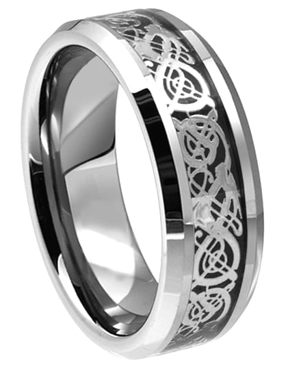 8mm Mens Silver Celtic Dragon Inlay Tungsten Carbide Ring 