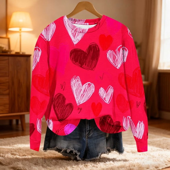 Fznquz Valentine Day Fall Tops for Women 2026 Red Plus Size Cute Trendy Shirts Pullover Crewneck Love Heart Clothes for Women,XL