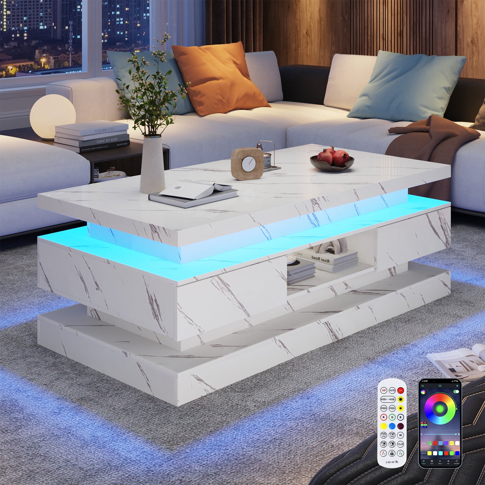 ChVans 47'' LED Coffee Table with 2 Storage Drawers, Modern High Gloss Black Coffee Table with Marbling Print, 3-Tier Rectangle Center Table for Living Room, APP Control