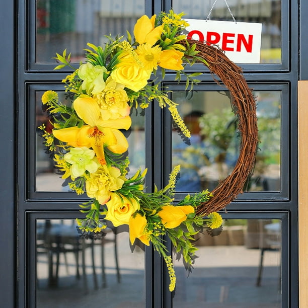 Xihbxyly Artículos En Liquidación En Oferta para Mujeres Corona de Rosas Amarillas Primavera con Ramas Marchitas para Colgar En La Puerta, Pequeñas Flores Amarillas, para Patio Al Aire Libre, Anillo