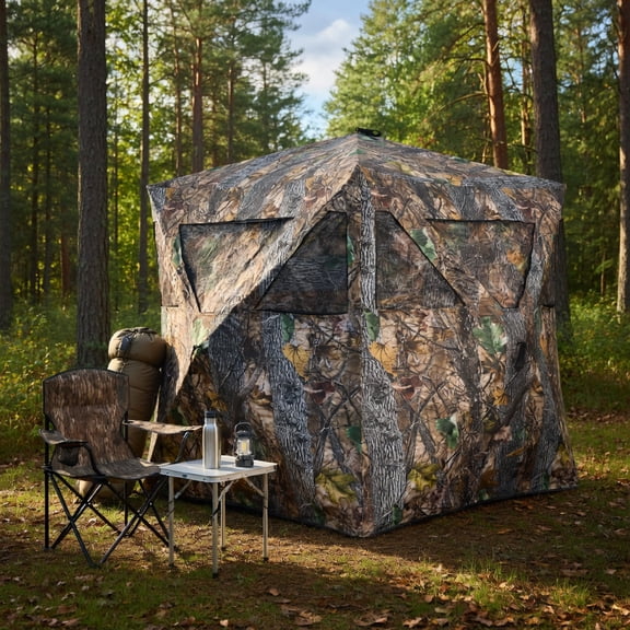Resenkos 3-Person Portable Pop-Up Hunting Blind Tent with Camo Netting, Ground Stakes & Tie-Downs – Quick-Setup Ground Blind for Deer, Turkey & Game Hunting