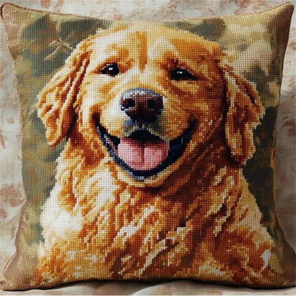 Animal Dog Cross Stitch Cushion Kit for Adult Beginner,Golden Retriever DIY Cushion Embroidery Kit 11CT Cross Stitch Pillow Kit Sewing Art Home Decoration