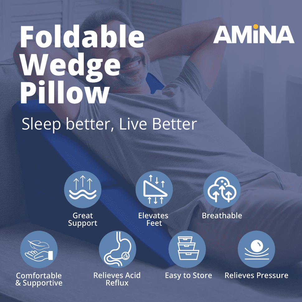 AMiNA Folding Bed Wedge Pillow 12"- Ultimate Back and Leg Support Acid Reflux, Post-Surgery Recovery, Pregnancy, and Comfortable Bed Rest - Compact, Portable, Easy to Clean