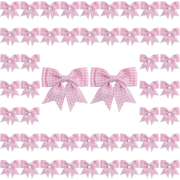 50 PCS Pink White Checkered Satin Ribbon Bows, Large Decorative Polyester Bowknot Pre-Tied Premade Bows for Treat Bags Wedding Favors Decor Gift Wrap DIY Craft
