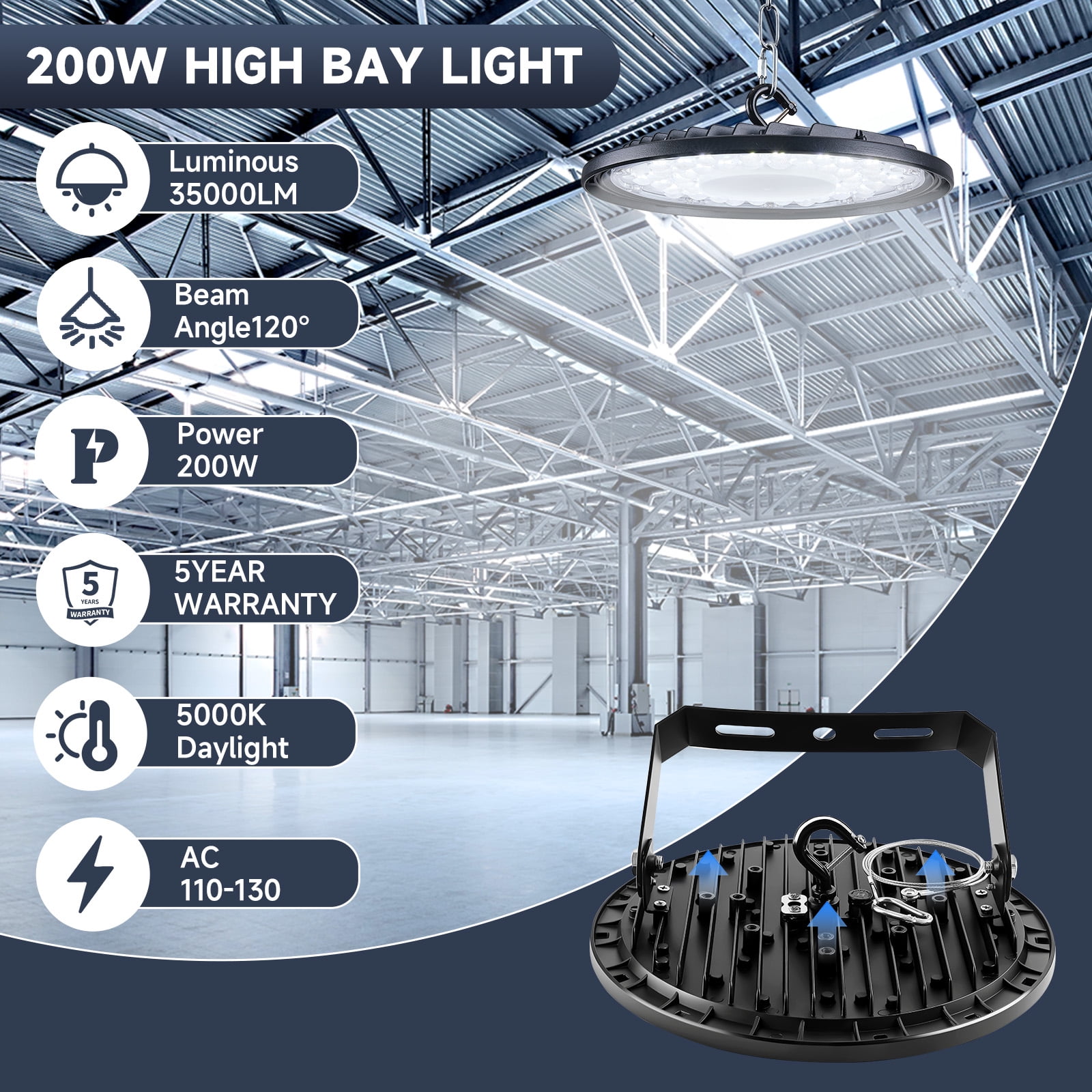 200W LED High Bay Light 34,000LM, 5000K Daylight UFO High Bay LED Shop Lights with Plug 5' Cable US Plug, U Bracket, IP65 Waterproof Lamp, 70000+ Hours Lifetime, Commercial Workshop Garage granary Li