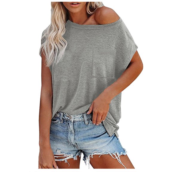 asdoklhq Juniors Plus Tops & T-Shirts,Women Casual loose Solid Color Chest pocket Short-Sleeve Blouse Tops T-Shirt