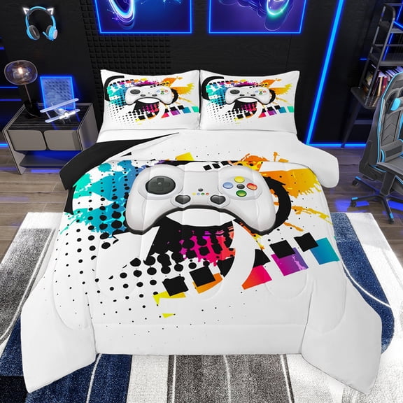 jejeloiu Cartoon Console Gamepad Bedding Comforter Set,Multicolor Splatter Ink Twin Comforter Sets,Geometric Circle Plaid Bedding Set For Boys Teens,Ultra Soft Home Decor Reversible,2 Pieces