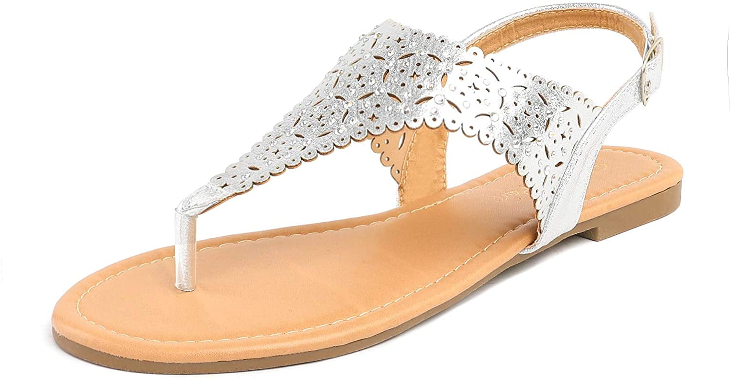 silver t strap sandals
