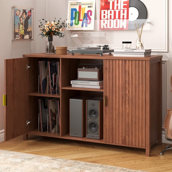BROTTAR 47.2" Mid Century Modern Record Player Stand with Vinyl Storage | Fit 7“/10"/12" Vinyl Record, Large Turntable Stand, Media Cabinet for Living Room, Music Corner, Brown