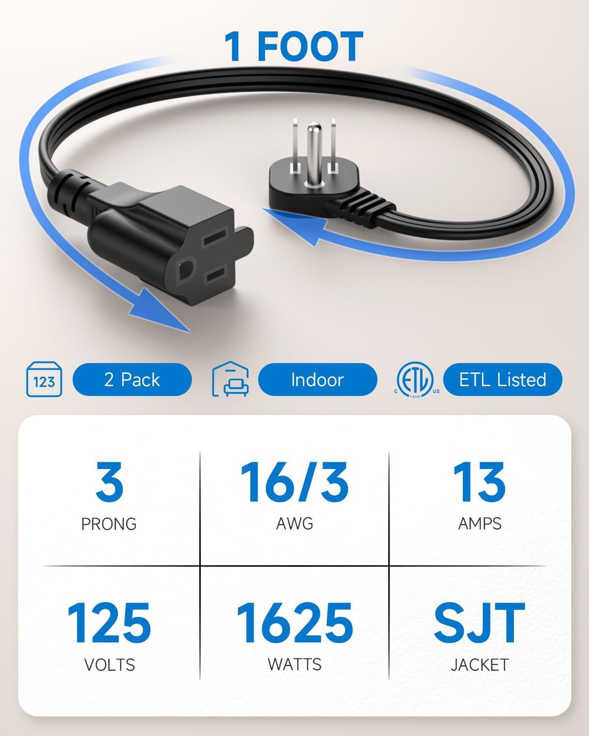 Flat Plug Short Extension Cord 1Ft Low Profile Adapter 3 Prong Indoor Small Grounded Power Cable Outlet Saver 16AWG 13A 1625W Black 2 Pack