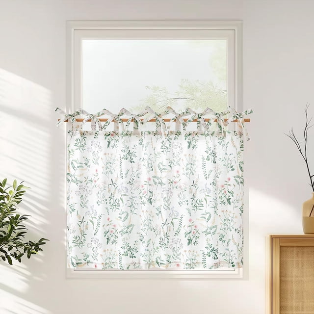 Cortina Jinchan de 91x91 cm de Lino con Estampado Floral y Lazo Superior Verde