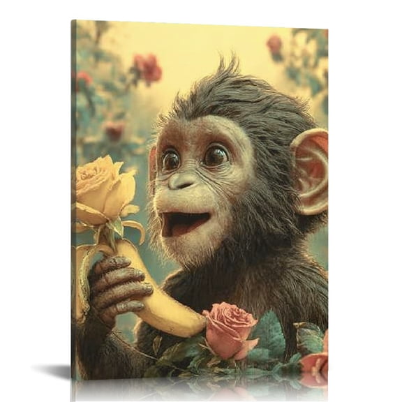 RKSupls Cute Monkey Flower Canvas Wall Art, Canvas Prints Wall Art for Living Room Bedroom Stairway Office, Art Print Painting for New Year Home Decorations,12x16in