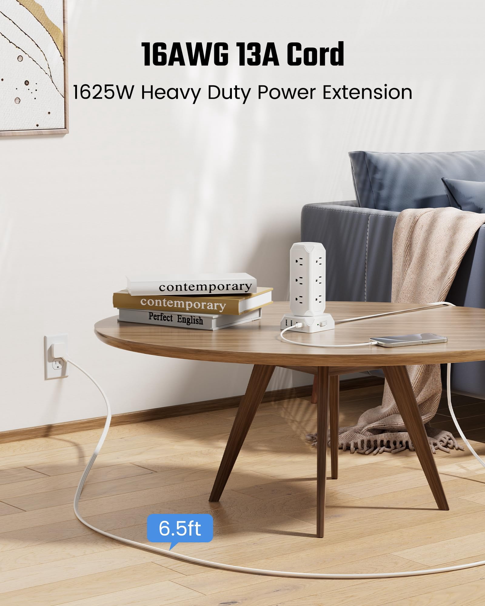 KOOSOM Power Strip Tower, 12 Outlets, 4 USB Ports Charging Station, 1700 Joule Surge Protection, 6.5ft Flat Plug Extension Cord, Multi Charger Station for Home, Office, Dorm