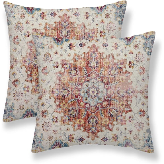 Boho Pillow Covers 16x16 Set of 2, Blue Orange Bohemian Carpet Pattern Outdoor Decorative Throw Pillows Linen Ethnic Design Vintage Farmhouse Cushion Cases for Couch Sofa Decor