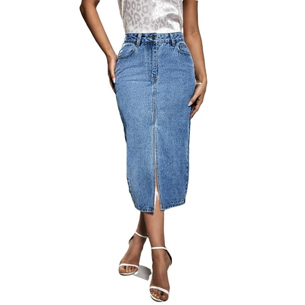 Women Plain Straight Medium Wash Denim Skirts S - Walmart.com