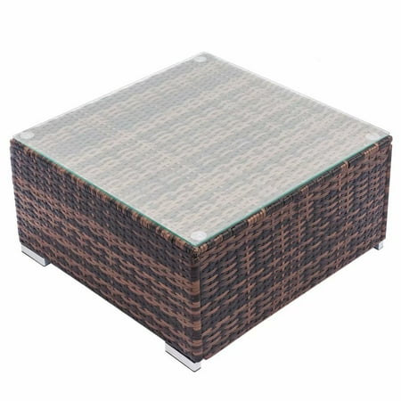 Rattan Glass Top Garden Table Outdoor Wicker Table Patio Poolside Lawn Garden Rattan Coffee Table Side Table with Glass Top Brown ()
