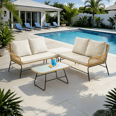 Outdoor Modular L-Shaped Sofa Set with Wicker Rattan Base, Frosted Glass Table and Anti-Fade Cushions - Convertible Patio Bistro Furniture for Porch Balcony Garden