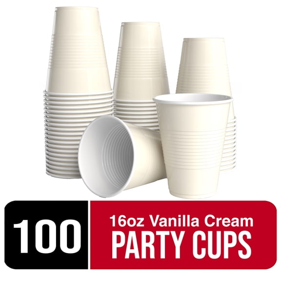 Amscan Party Pack Plastic Glow Cups, 16oz, Vanilla Cream – 100 Count