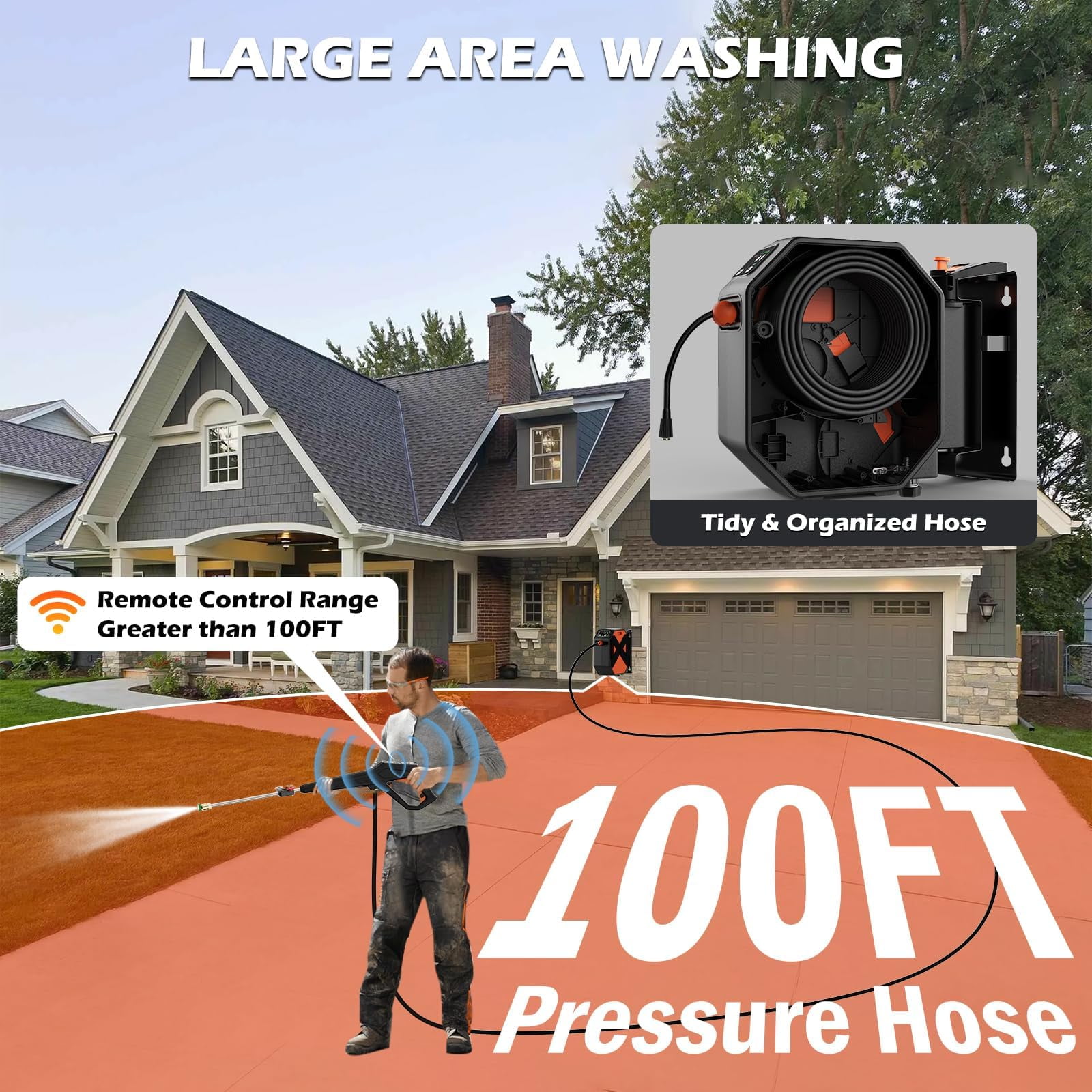 Electric Pressure Washer, Wall Mounted Pressure Washer, Power Washers Electric Powered 5000 PSI 3.2 GPM, with 100FT Retractable Hose Reel for Car, Yards, Roads, Floors and More