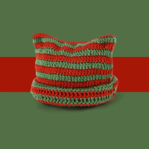 Sombrero de punto con patrón de rayas de ganchillo Y2K, gorro de oreja de gato, calentador de invierno suave hecho a mano, regalos de invierno frío para estudiantes y adolescentes
