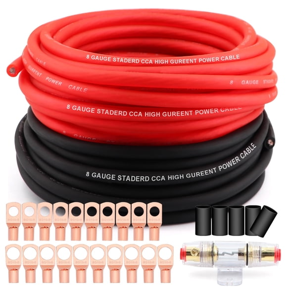 Taukealugs AWG 8 Gauge Wire Cable (25ft Each - Black/Red) Copper Clad Aluminum CCA with 8ga terminals,60A ANL Fuse Block and Heat Shrink Tube for Aud