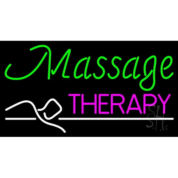 Green Massage Therapy LED Neon Sign 20 x 37 - inches, Black Square Cut Acrylic Backing, with Dimmer - Bright and Premium built indoor LED Neon Sign for Spa interior decor and storefront.