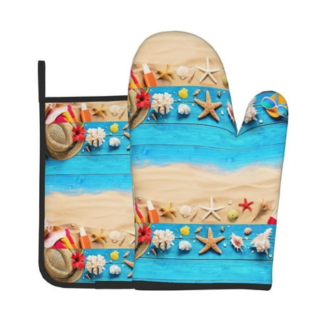 

Lukts Boards and Beach Print Kitchen Heat-Resistant Gloves and Spacers 2pcs Set Suitable for Baking and Cooking