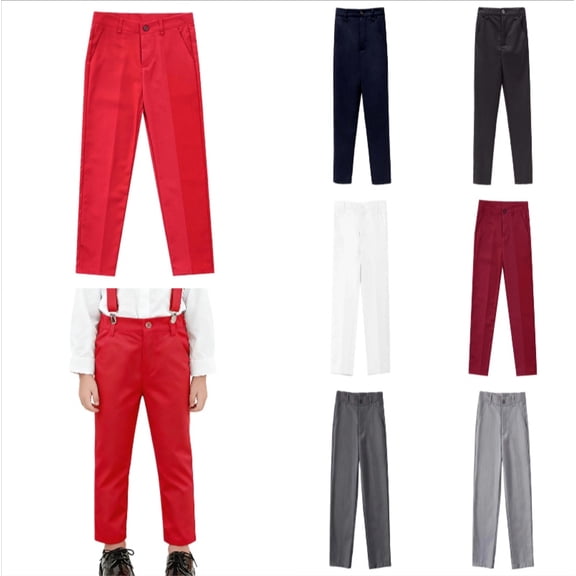 Krdevn Kids' Solid Color Formal Pants, Detachable Suspender Trousers for Boys,Red