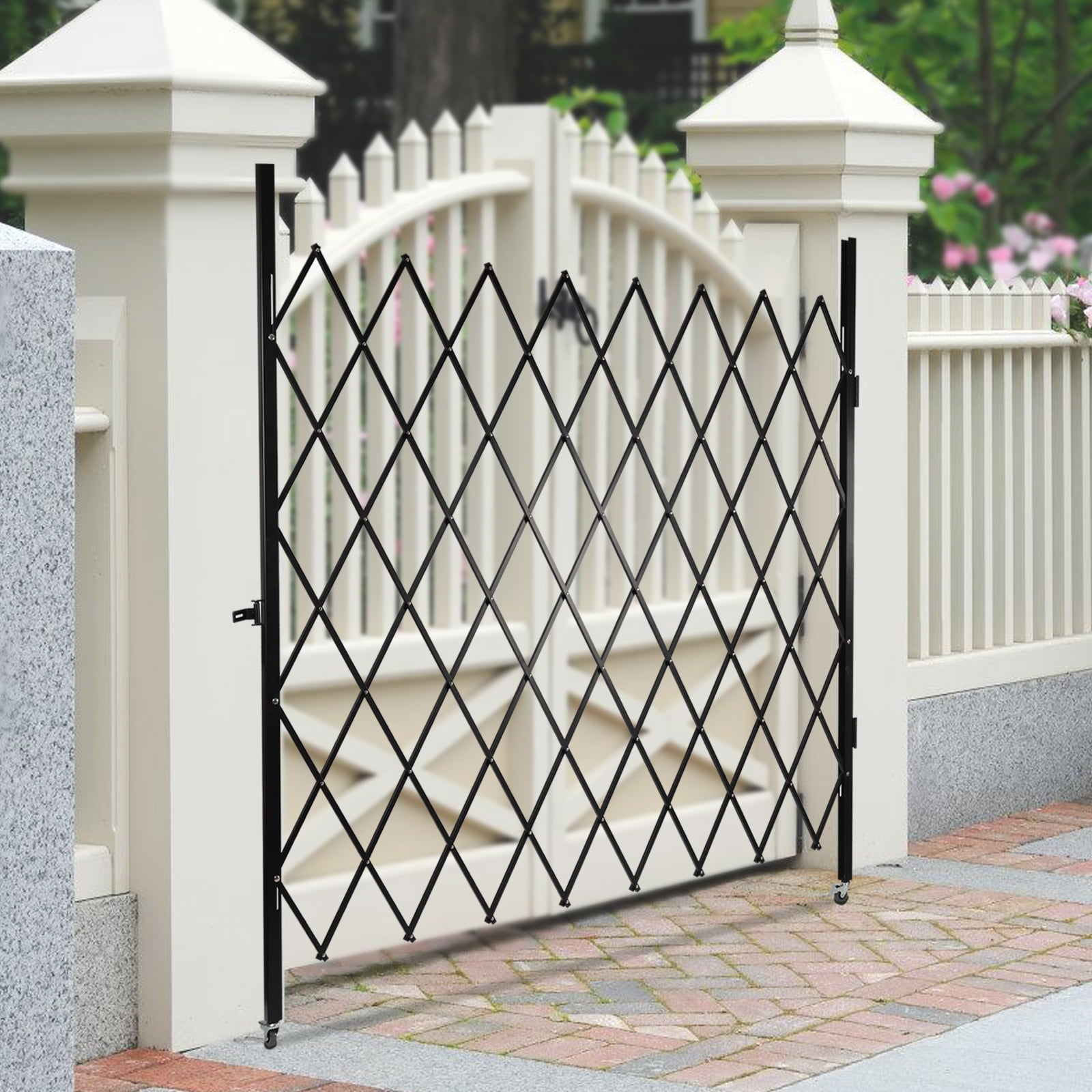 Fichiouy Folding Security Gate Retractable Gate with 360° Rolling Wheels Wall Mount Scissor Gate with Padlock for Garage Storefronts Parking Lots