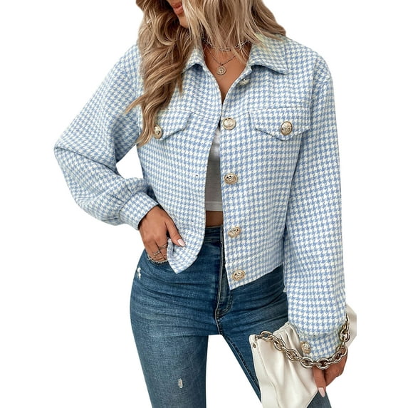 Nlife Women Houndstooth Lapel Collar Button Down Long Sleeve Cropped Jacket