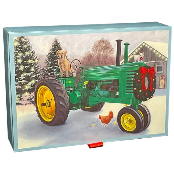 LPG Greetings Golden Lab and Kitten on Green Tractor Decorated with Wreath Keepsake Box of 14 Christmas Cards