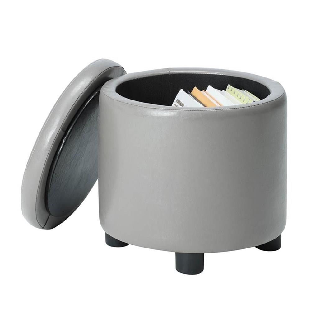 Designs4Comfort Round Accent Storage Ottoman with Reversible Tray Lid, Taupe Gray Faux Leather