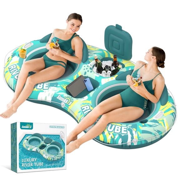 5-in-1 Pool Floats Adult Heavy Duty River Tube, 2 Person Water Lounge Tanning Pool with Backrests, Built-in Cooler, Cup Holders, Deluxe Pool Toys for Summer Relaxation