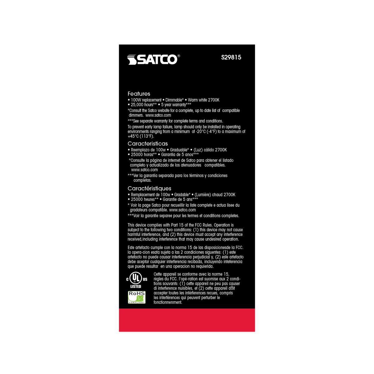 Satco S29815 15W A19 LED Bulb, E26 Medium Base, Frosted, 2700K, 120V, Dimmable, 6 Pack