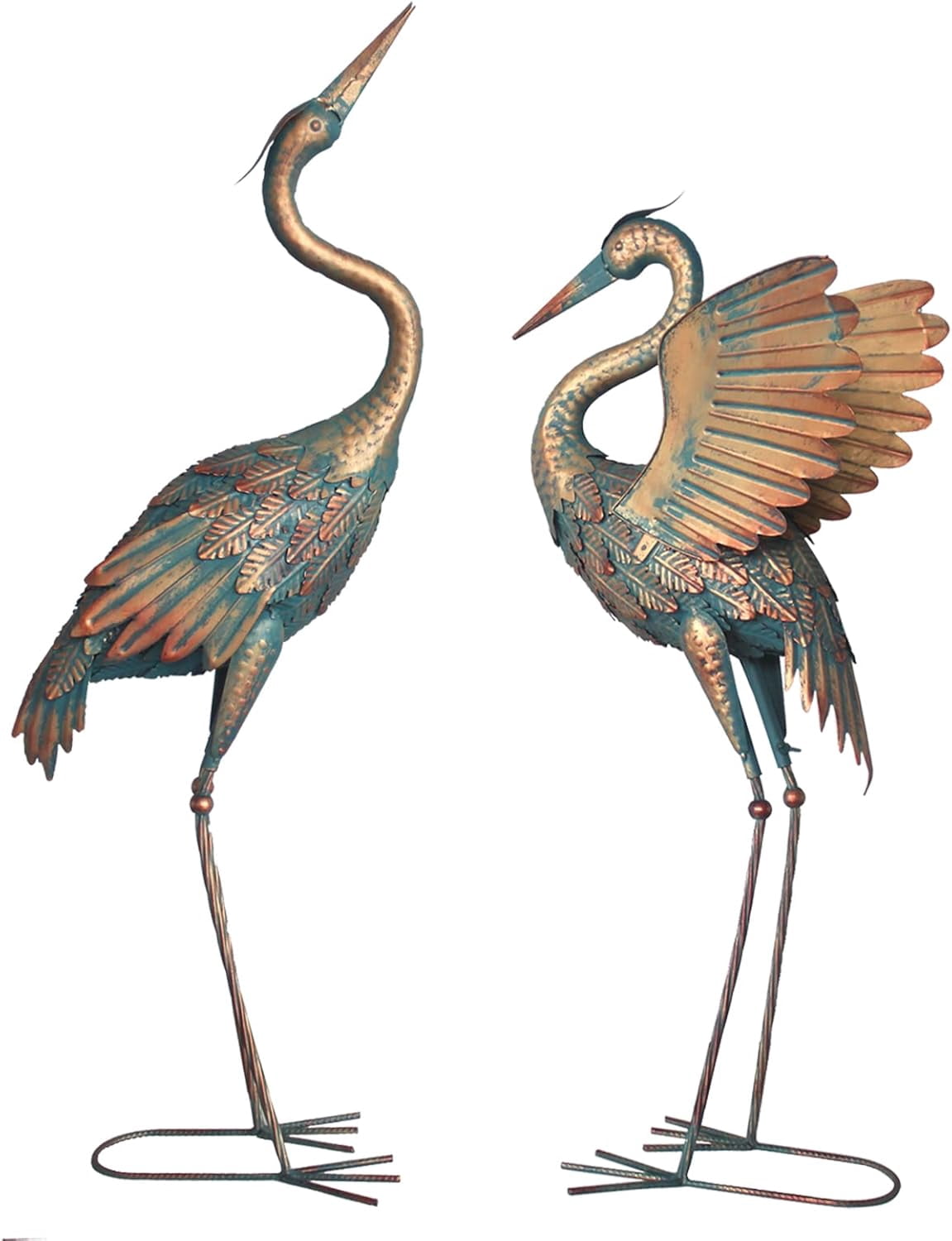 33-37 Inch Metal Crane Garden Statue Décor, Bird Heron Garden Sculpture & Statues, Outdoor Decoration for Yard Pond Lawn Backyard Pool, Vintage Spread Wings Crane, Set of 2 Copper