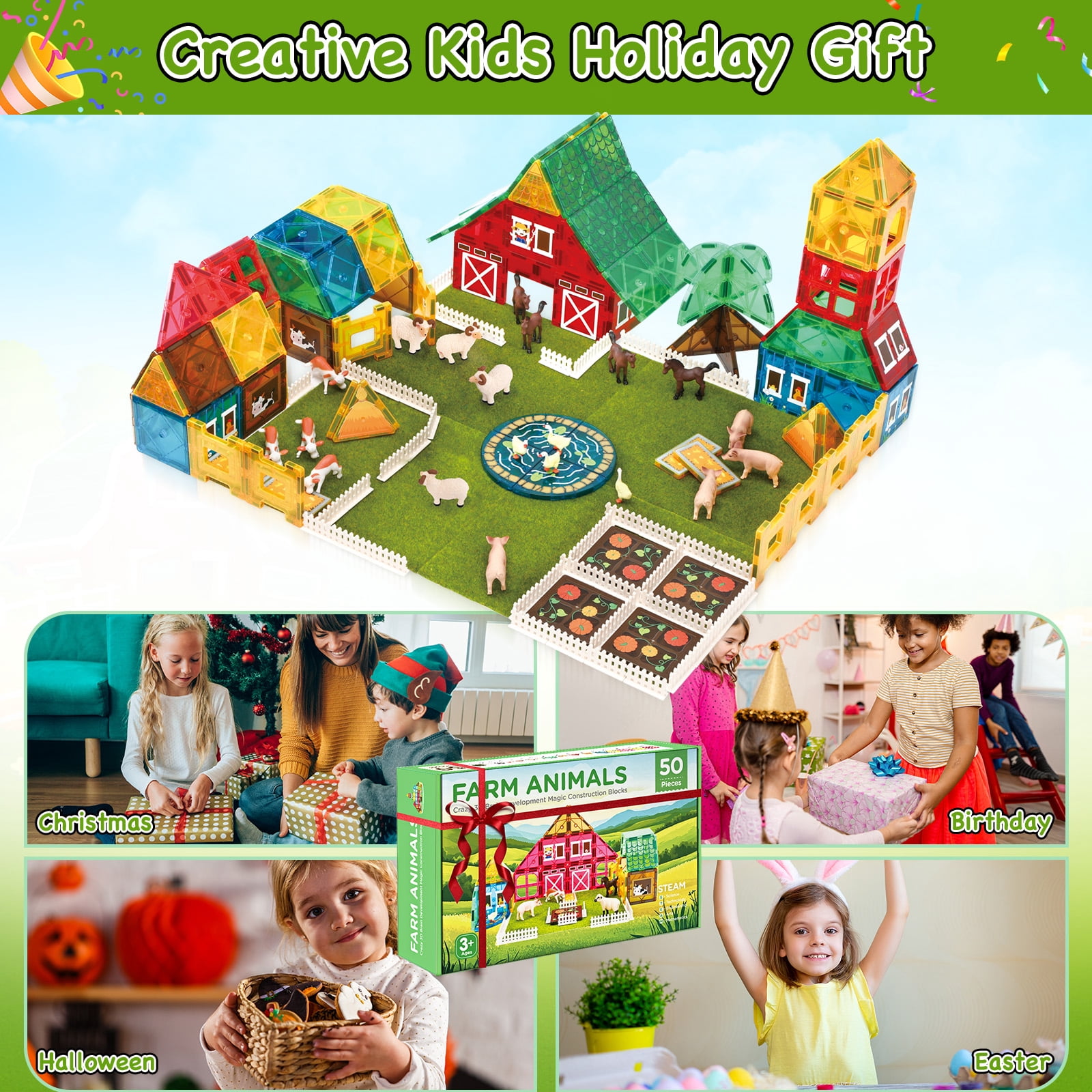 FunMagic Magnetic Tiles Farm Animal Toys Set for Toddles Kids, Montessori STEM Educational Magnetic Building Blocks for 3+ Year Old Boys Girls