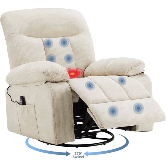 JIOABL Swivel Rocker Recliner Chair with Massage and Heat, Adjustable Recline, Chenille Fabric, Beige