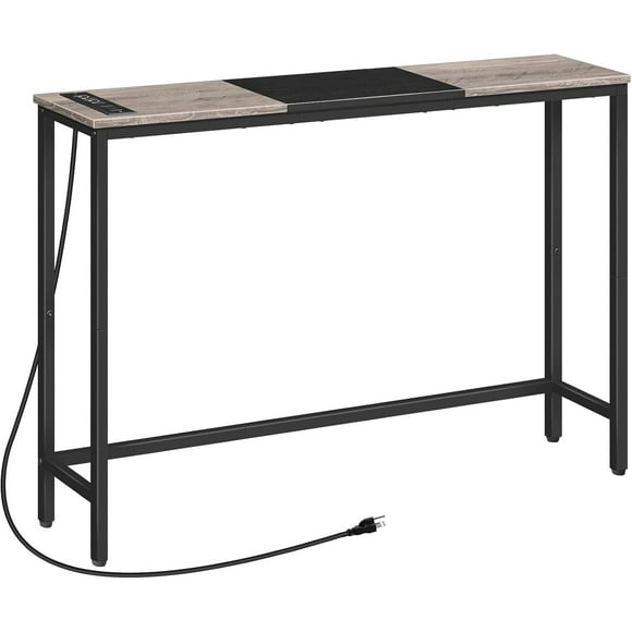 Narrow Console Table with Power Outlets, 44.9-Inch Sofa Table, Slim Behind Couch Table, Entryway Display Shelf, for Living Room, Foyer, Hallway, Greige and Black BG114UXG01