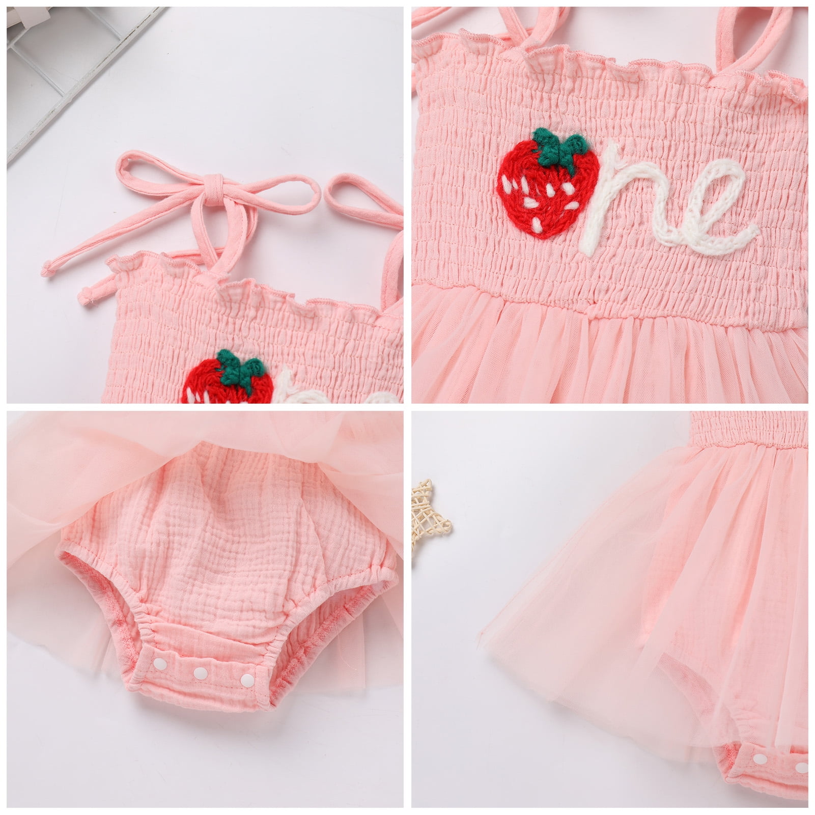IDOPIP Baby Girls 1st Birthday Outfit Spaghetti Straps Romper Dress with Headband Cake Smash Outfit