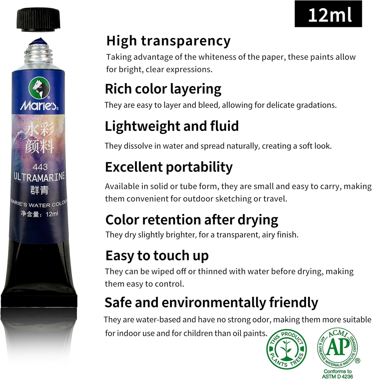 Watercolor Paint Set, 18 Colors x 12ml/0.4oz Tubes - Highly Pigmented, Non-Toxic, Perfect for Artists, Students, Beginners, Sketching & Illustration