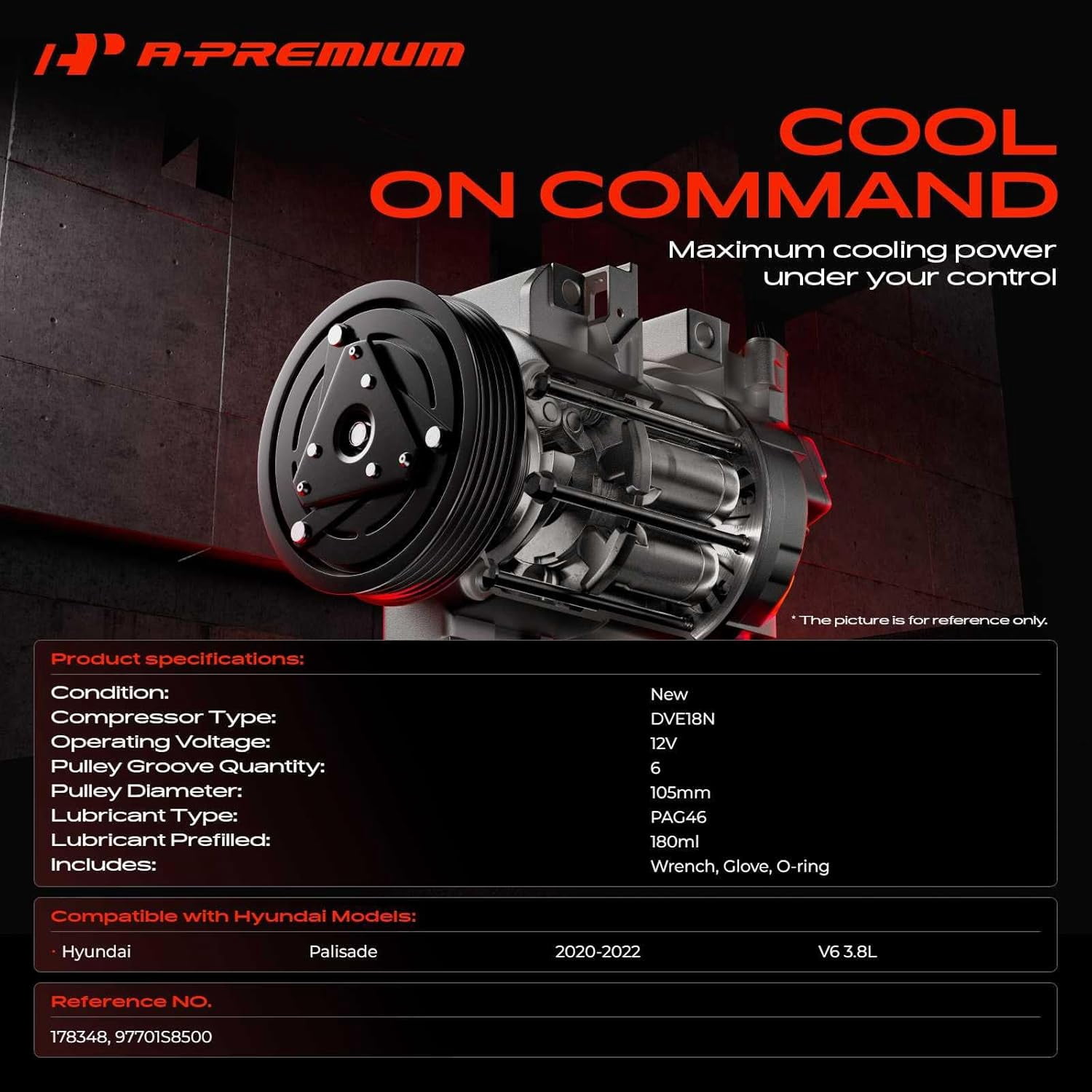 A-Premium Air Conditioner AC Compressor with Clutch Compatible with Hyundai Palisade 3.8L 2020-2022